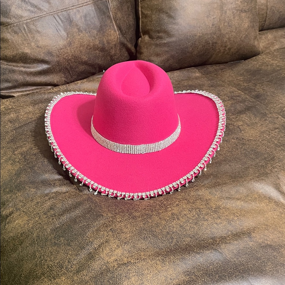 Elegant Pink Wide-Brim Hat with Rhinestone Trim